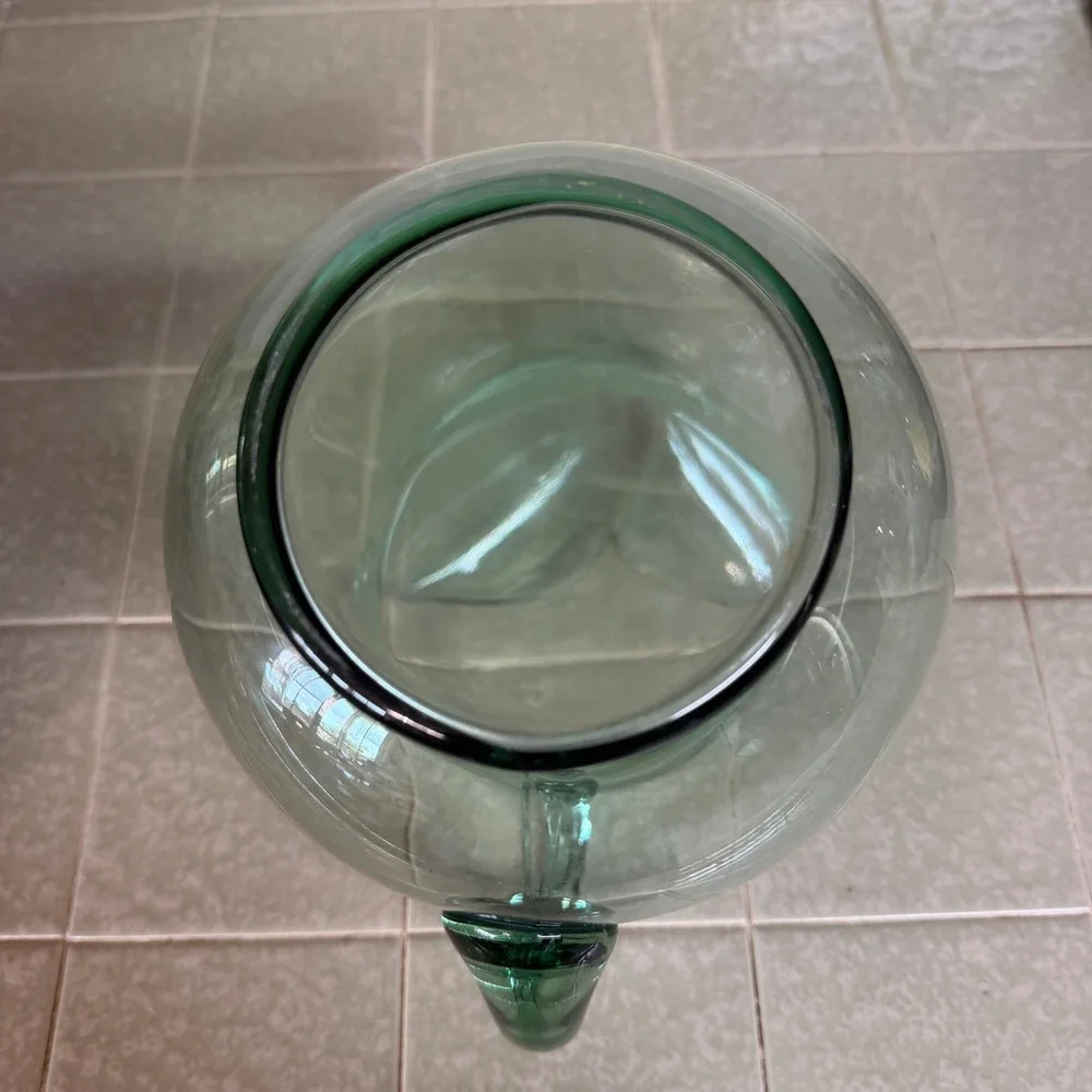 Vintage Sage Green Glass Pitcher Round Hand Blown Water Carafe with Handle 9